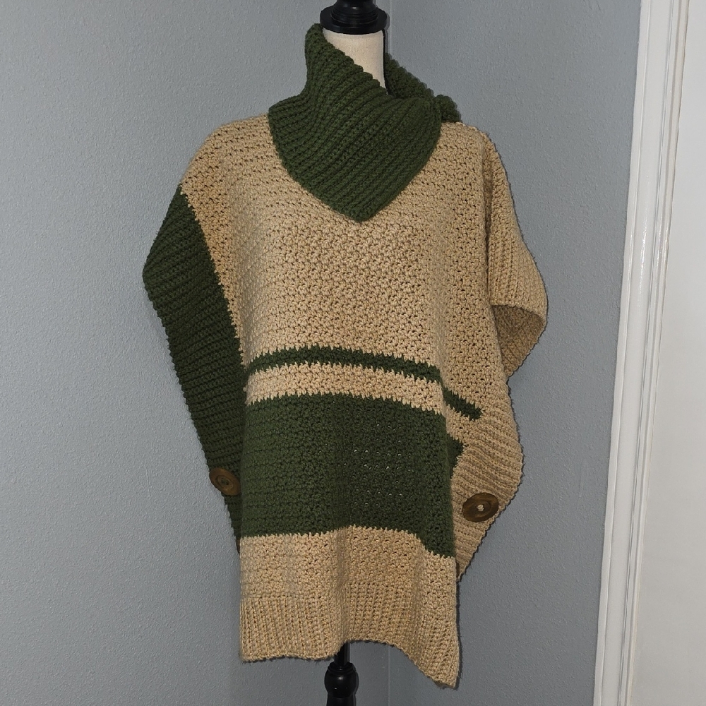 Cozy Green and Tan Knit Sweater W/Large Wooden Buttons